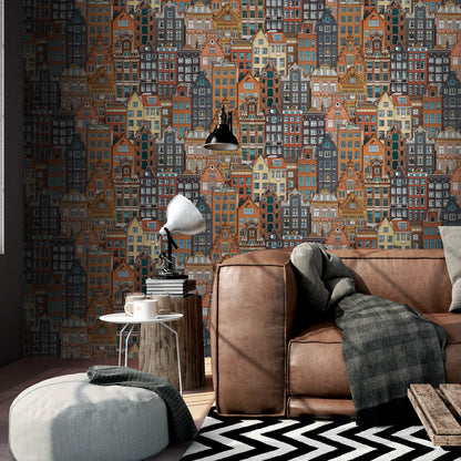 Amsterdam houses inspired modern pattern wallpaper - Anka 1618-3 (16,5m2)